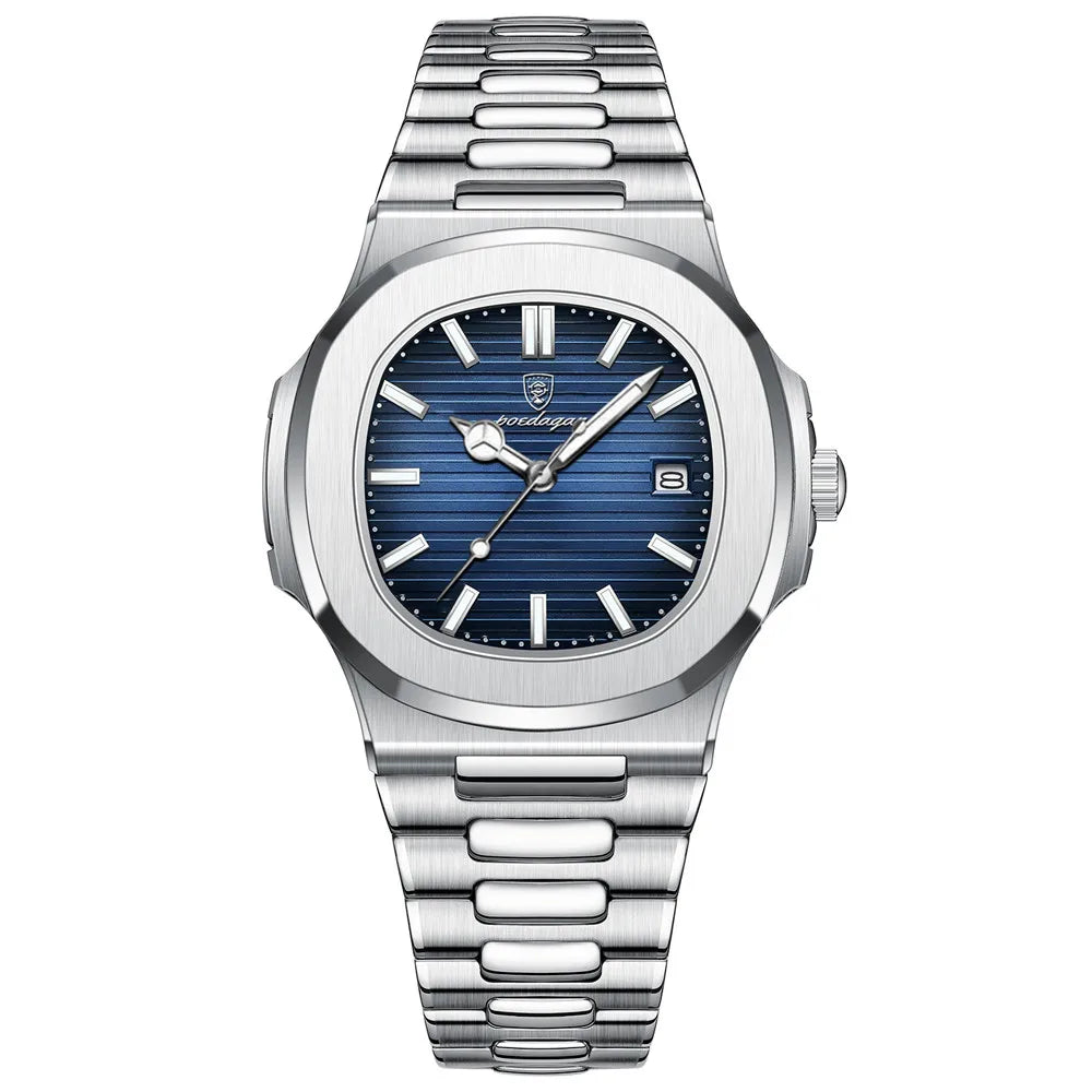 POEDAGAR Classic Blue Watch Business Waterproof Male Clock Luminous Date Stainless Steel Square Quartz Men Watch Reloj Hombre